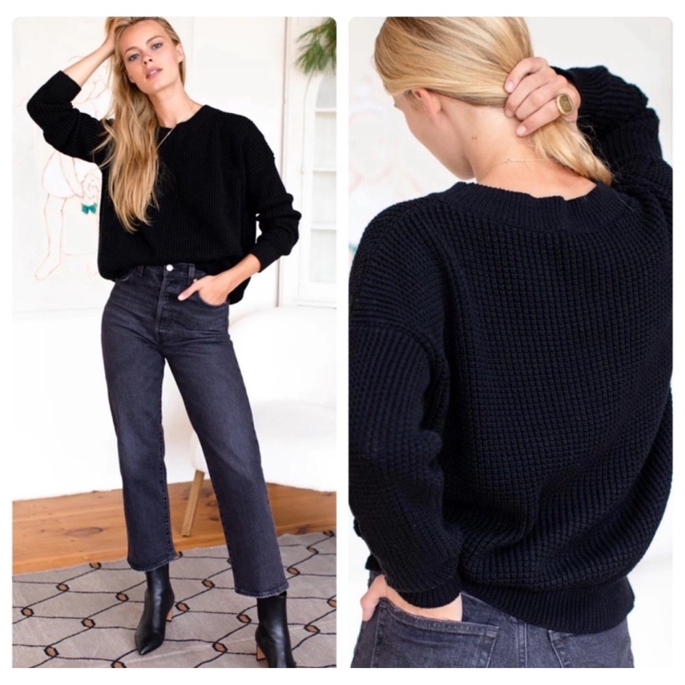 Emerson Fry Daily Black Organic Cotton Waffle Knit Crewneck Sweater Medium